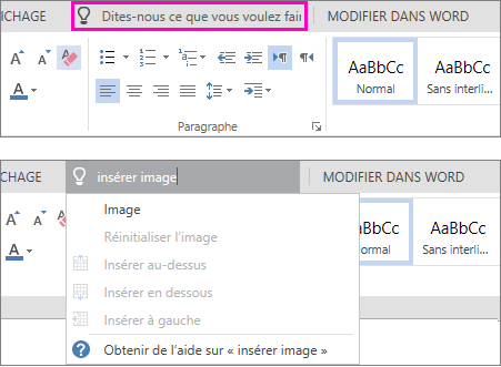 Affiche la zone de recherche Dites-moi sur le ruban dans Word Online.