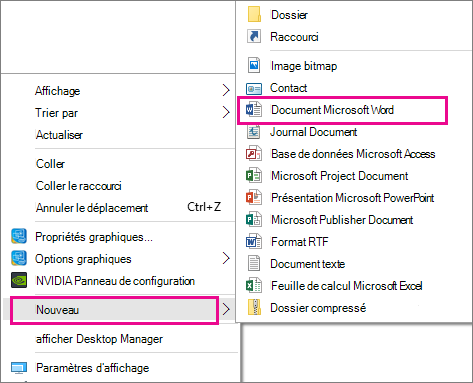 Sur votre ordinateur de bureau, sélectionnez Nouveau, puis sélectionnez l’application à utiliser pour le document que vous voulez créer.