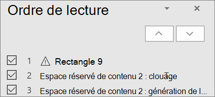Liste d’éléments dans l’ordre de lecture sur une diapositive avec des flèches vers le haut et le bas pour les réorganiser