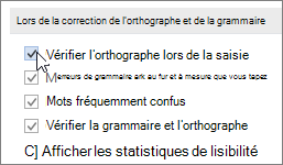 Case à cocher Vérifier l’orthographe en cours de frappe