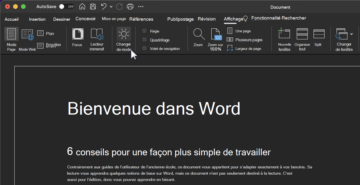 Changer de mode pour la fonctionnalité mode sombre.