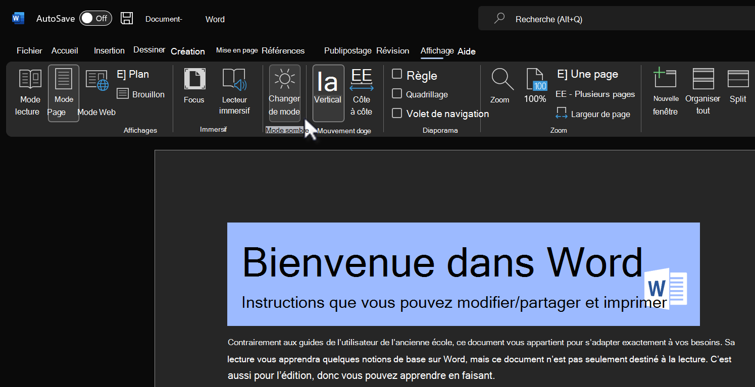 Changer de mode pour la fonctionnalité mode sombre.
