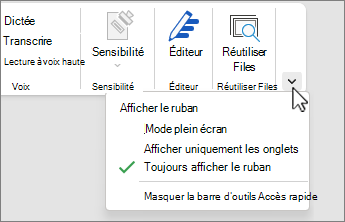 Menu Options d’affichage du ruban