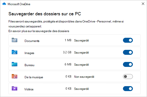 Capture d’écran montrant la boîte de dialogue de sélection pour la sauvegarde des dossiers OneDrive