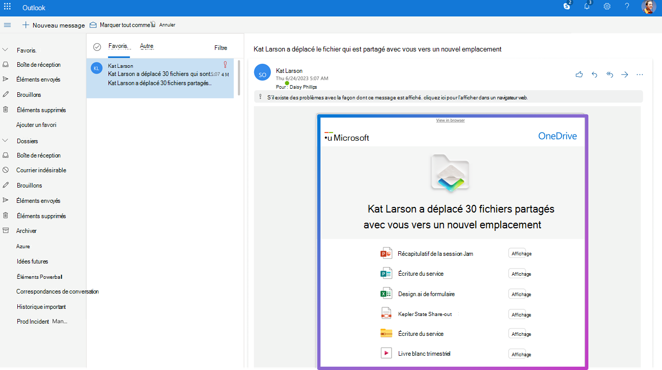 E-mail de notification envoyé aux collaborateurs après le déplacement de six fichiers ou plus