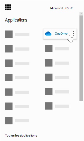 Lanceur d’applications Office 365 avec l’application OneDrive en surbrillance