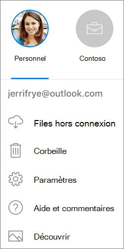 Capture d’écran illustrant un changement de compte dans l’application OneDrive sur iOS