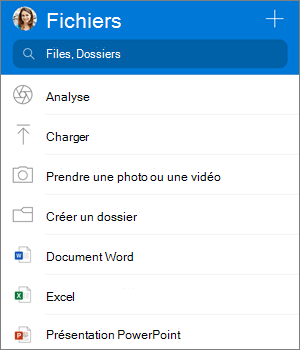 Capture d’écran du menu Ajouter dans l’application OneDrive pour iOS