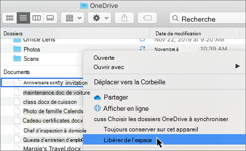 Capture d’écran des options oneDrive Files à la demande dans finder sur un Mac
