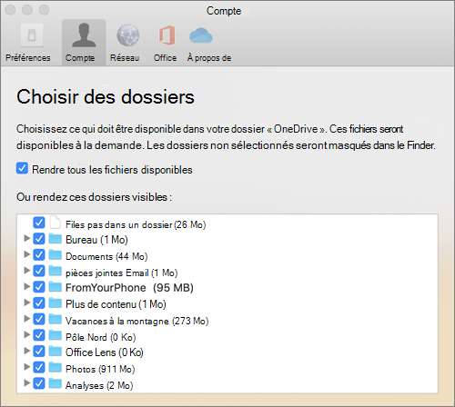 Boîte de dialogue Choisir des dossiers sous la fenêtre Préférences OneDrive pour Mac