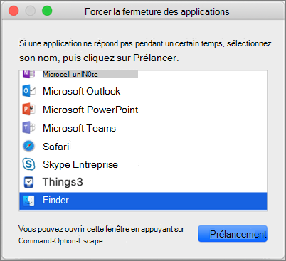 Capture d’écran du Finder dans la boîte de dialogue Forcer la fermeture des applications sur un Mac