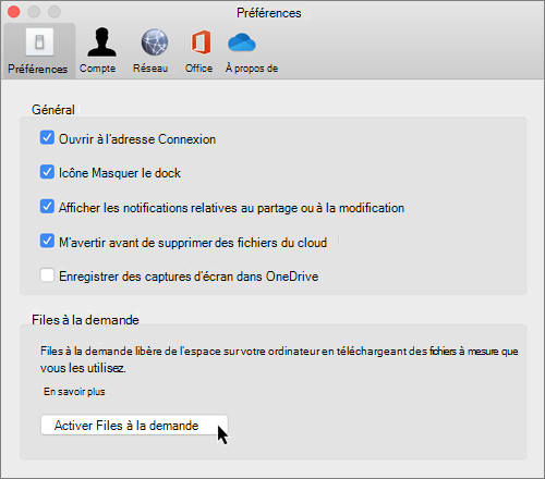 Capture d’écran des préférences dans Mac pour OneDrive Files à la demande
