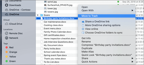 Sélection du menu contextuel pour la suppression d’un fichier de OneDrive dans le Finder Mac