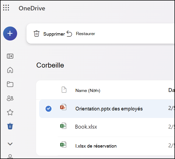 Capture d’écran de l’onglet Corbeille dans OneDrive.com.