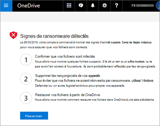 Capture d’écran de l’écran Signes de ransomware détectés sur le site web OneDrive