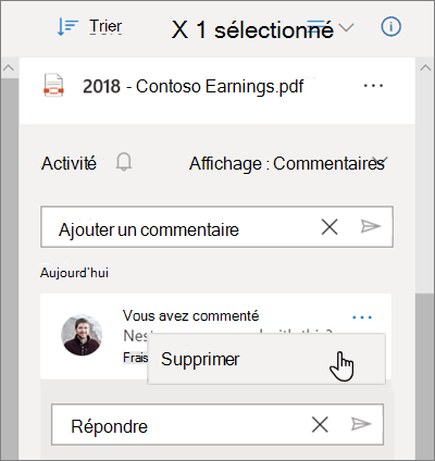 Volet d’informations de OneDrive affichant les commentaires laissés sur un fichier partagé et l’option Supprimer sélectionnée pour un commentaire