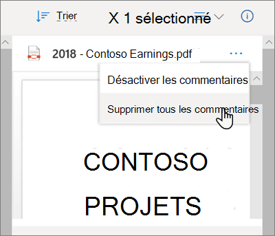 Le volet Détails de OneDrive, avec l’option Supprimer tous les commentaires sélectionnée dans le menu déroulant