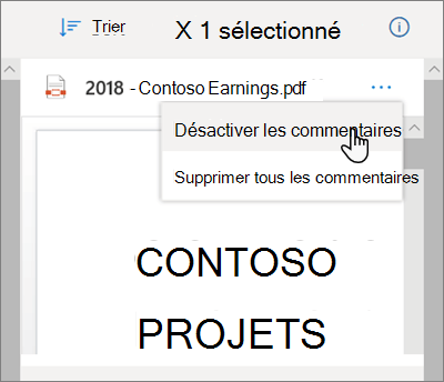 Le volet Détails de OneDrive, avec l’option Désactiver les commentaires sélectionnée dans le menu déroulant