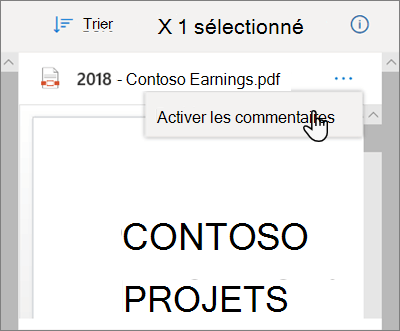 Le volet Détails de OneDrive, avec l’option Activer les commentaires sélectionnée dans le menu déroulant