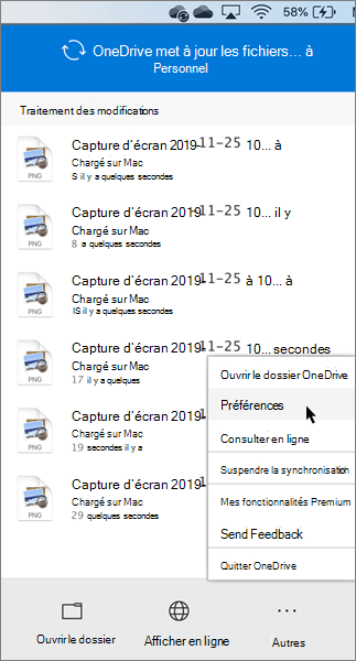 Capture d’écran montrant la définition de préférences dans OneDrive personnel