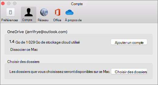 Capture d’écran de l’ajout d’un compte dans les préférences OneDrive sur un Mac