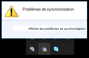 Boîte de dialogue initiale des problèmes de synchronisation lorsque vous cliquez sur l’icône cloud