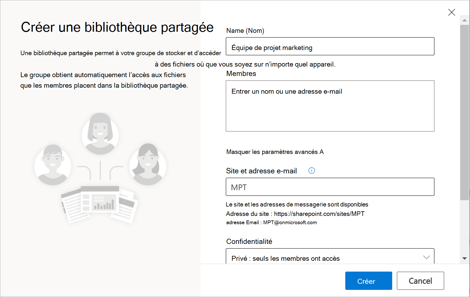 Affiche la page Créer une bibliothèque partagée, avec des options de défilement à droite.