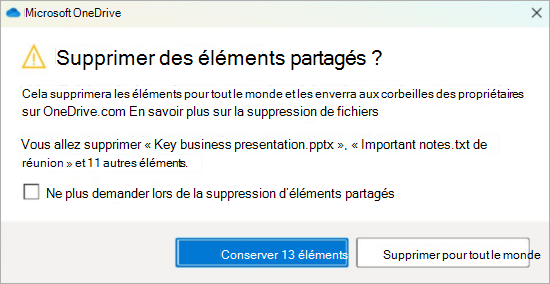 Capture d’écran de l’invite de confirmation OneDrive pour la suppression de fichiers partagés