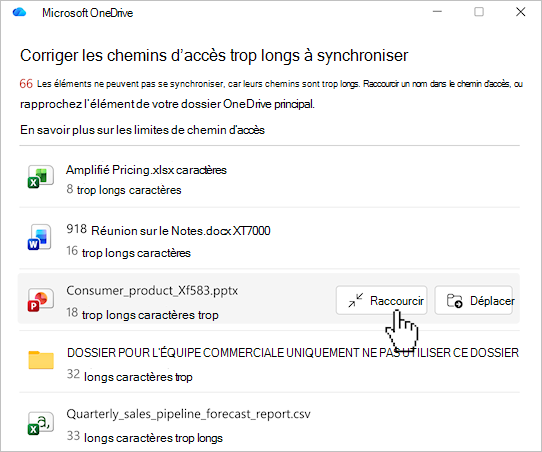 Capture d’écran montrant la liste des chemins d’accès aux fichiers OneDrive.