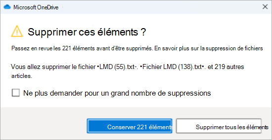 Capture d’écran de l’invite de confirmation OneDrive pour la suppression de nombreux fichiers