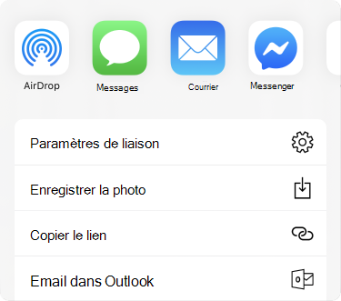 Menu partager avec les applications situées dans la partie supérieure et liste des options de partage sous celles-ci.