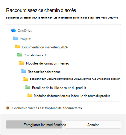 Capture d’écran montrant le message pour raccourcir le nom de fichier sélectionné.