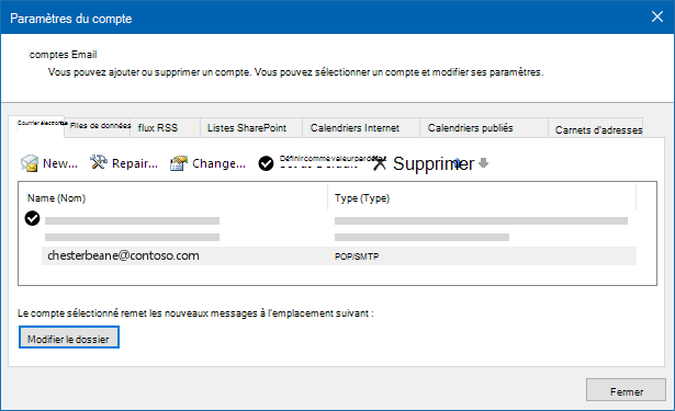 Boîte de dialogue paramètres du compte Outlook