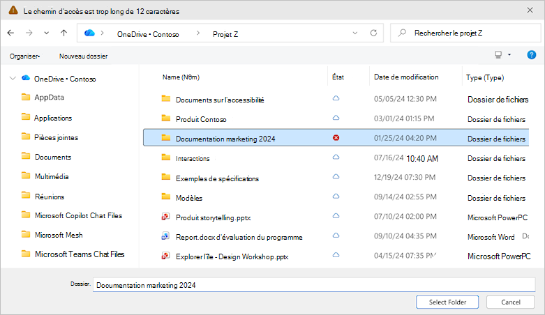 Capture d’écran montrant la boîte de dialogue Sélectionner un dossier OneDrive.