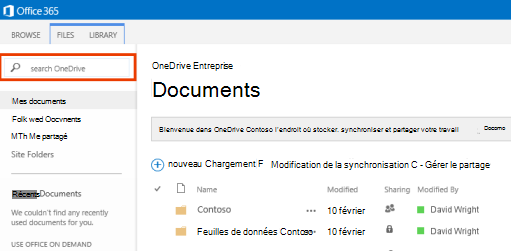 Capture d’écran de la zone de requête One Drive dans Office 365.