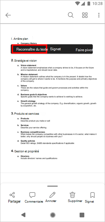 Appuyez longuement sur la page. Lorsque le menu contextuel s’affiche, appuyez sur Reconnaître le texte.