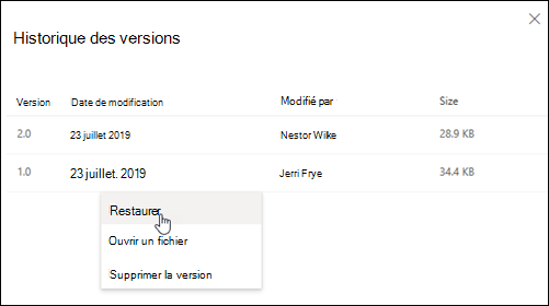 Volet Historique des versions