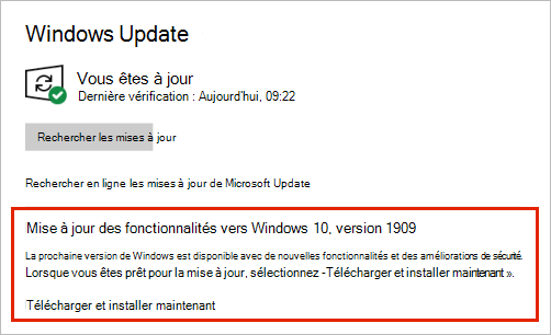 Windows Update montrant les mises à jour des fonctionnalités