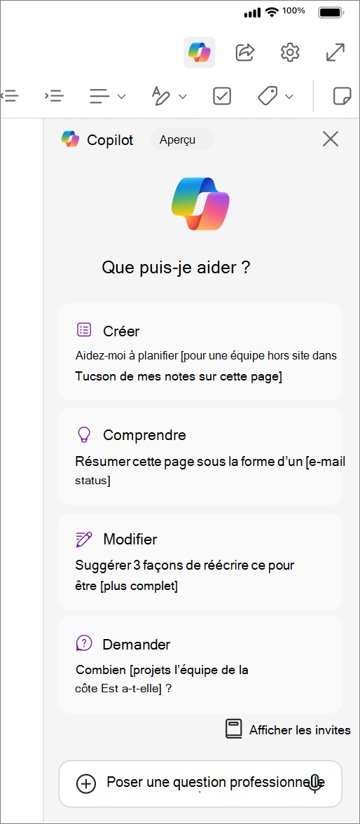 Accès au bouton Copilot dans OneNote pour iOS