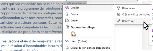 Du texte sélectionné dans OneNote. Le menu contextuel s’affiche, avec Copilot sélectionné, et réécrire cette option dans le sous-menu.