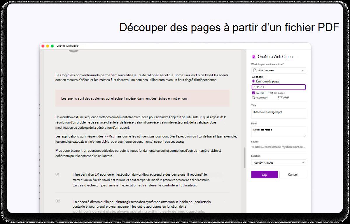 Capture d’écran d’une page PDF avec un panneau latéral pour les paramètres. Le texte en haut indique de couper les pages au format PDF.