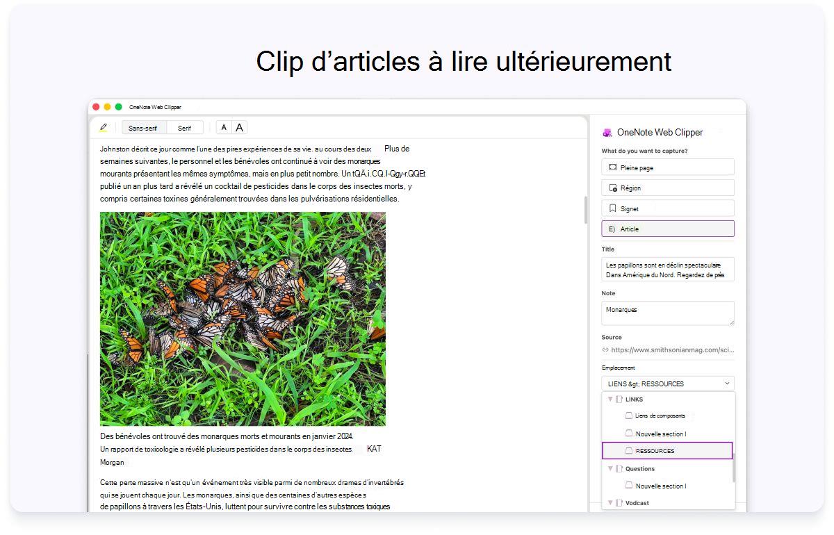 Capture d’écran d’une page web avec un panneau latéral pour les paramètres. Le texte en haut indique de couper les articles pour les lire ultérieurement.