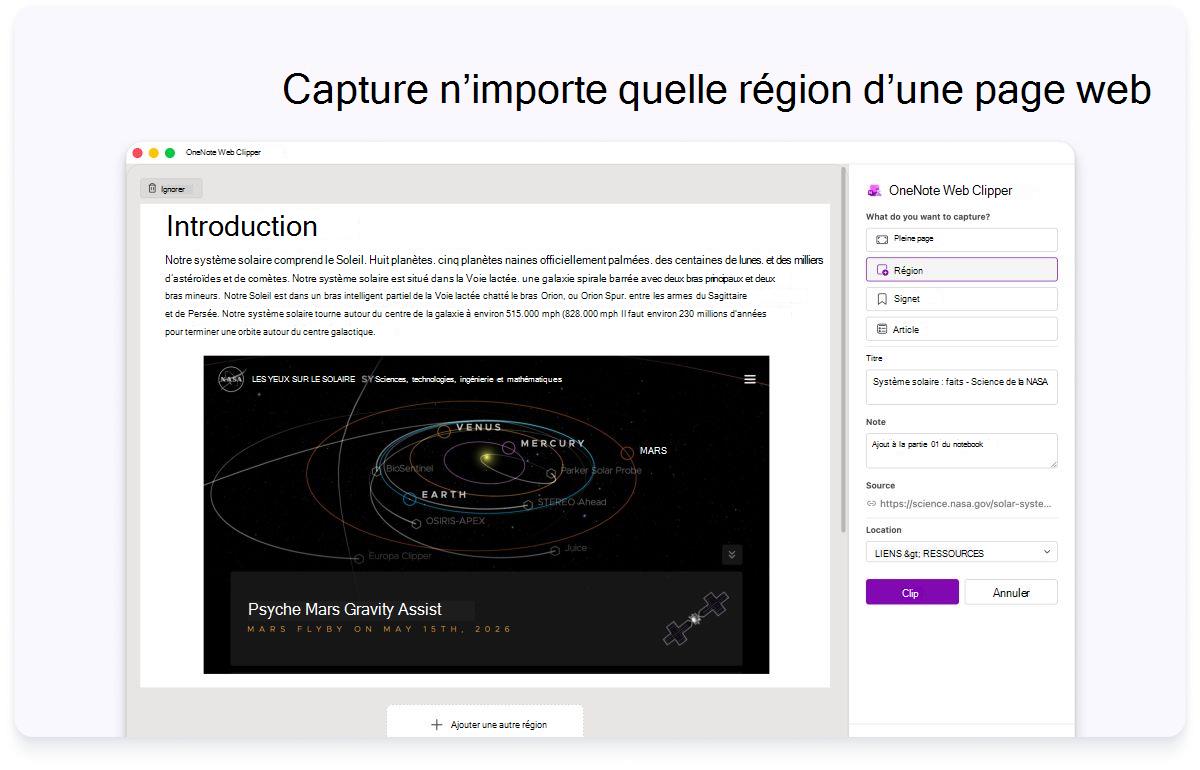 Capture d’écran d’une introduction de page web avec un panneau latéral pour les paramètres. Le texte en haut indique de capturer n’importe quelle région d’une page web.