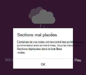 Notification de sections déplacées dans OneNote pour Android