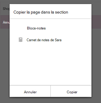 Menu Copier la page dans OneNote pour Android