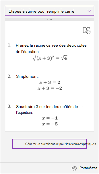 Étapes de la solution dans le volet Assistant Équation