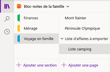 Interface de navigation dans OneNote pour Windows 10