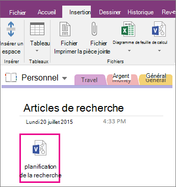 Capture d’écran de l’insertion d’un fichier Visio dans une page dans OneNote 2016
