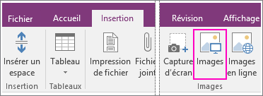 Capture d’écran du bouton Insérer des images dans OneNote 2016.
