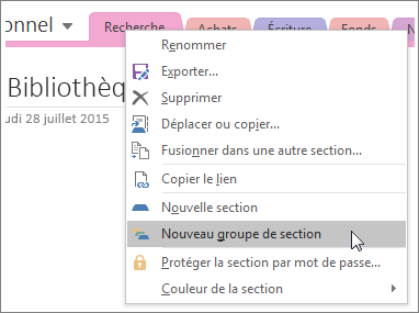 Capture d’écran montrant la création d’un nouveau groupe de sections dans OneNote 2016